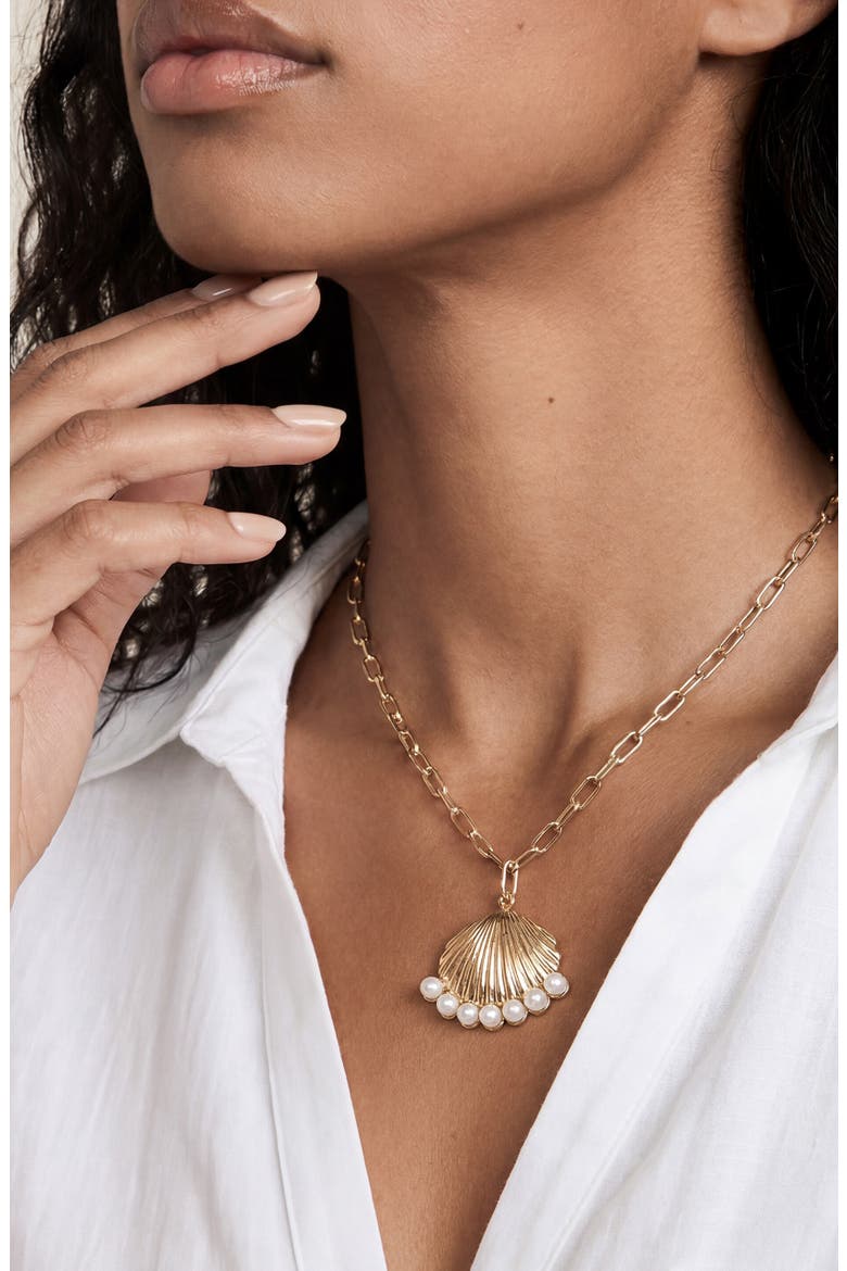 Faux Pearl Shell Pendant Necklace, Alternate, color, GOLD