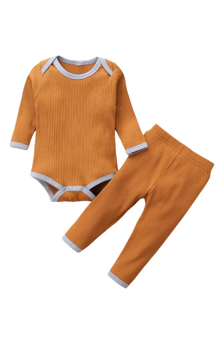 Ashmi & Co. Rowan Long Sleeve Cotton Bodysuit & Leggings Set, Main, color, Brown