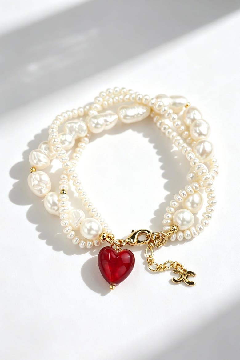 Valentina Murano Glass Heart Pearl Bracelet, Main, color, Red