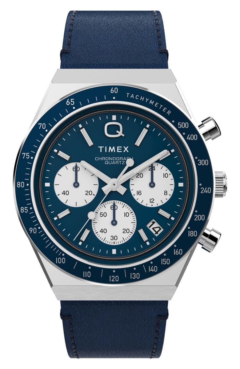 Timex<sup>®</sup> Q Timex Chronograph Leather Strap Watch, 40mm, Main, color, Black