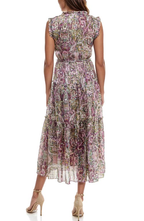 Socialite Metallic Floral Print Tiered Sleeveless Dress In Purple/pink