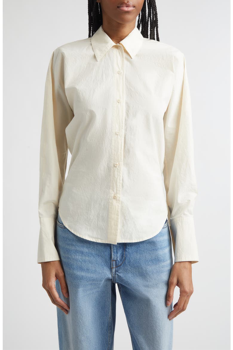 Ridge Crinkled Cotton Poplin Button-Up Shirt, Main, color, BONE