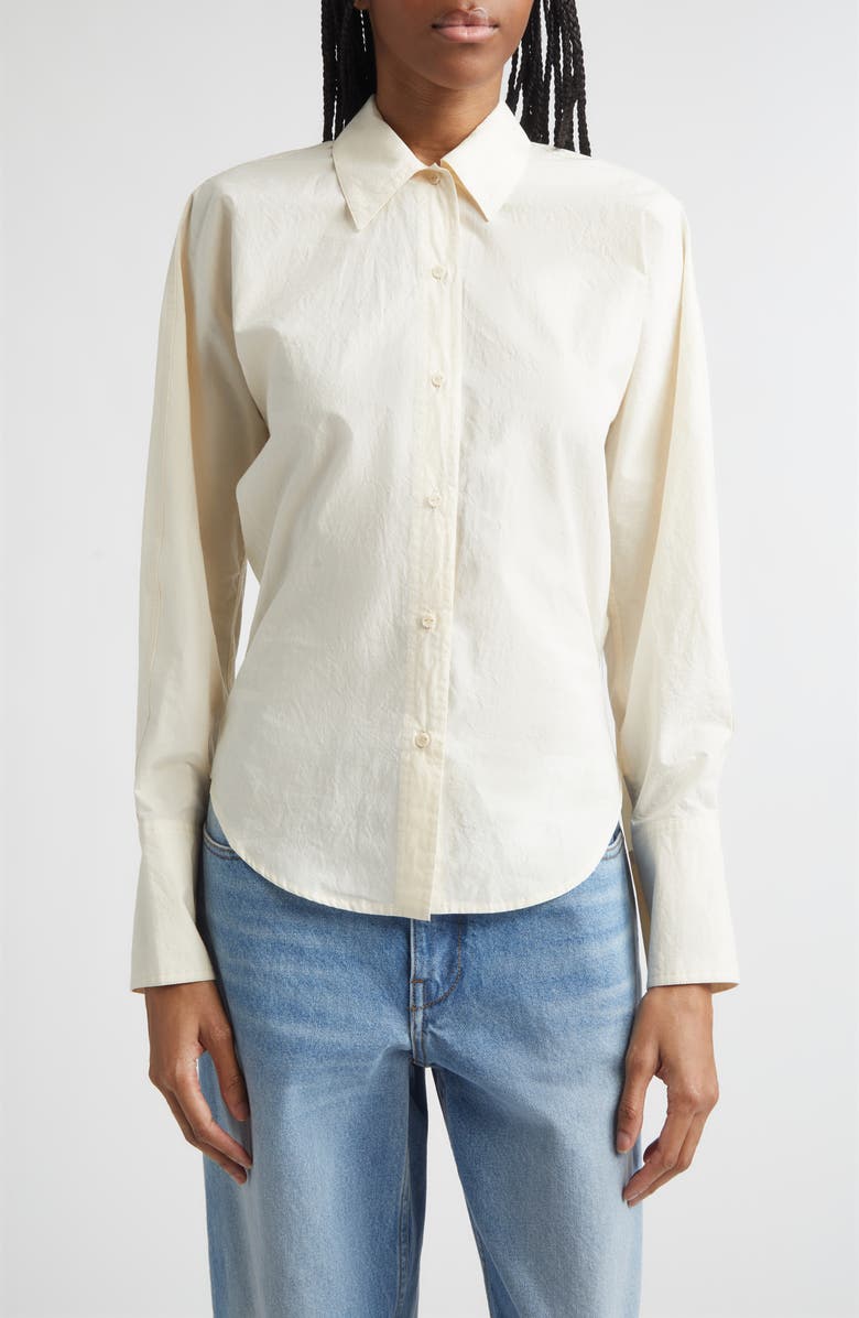 OSSOU Ridge Crinkled Cotton Poplin Button-Up Shirt, Main, color, Bone