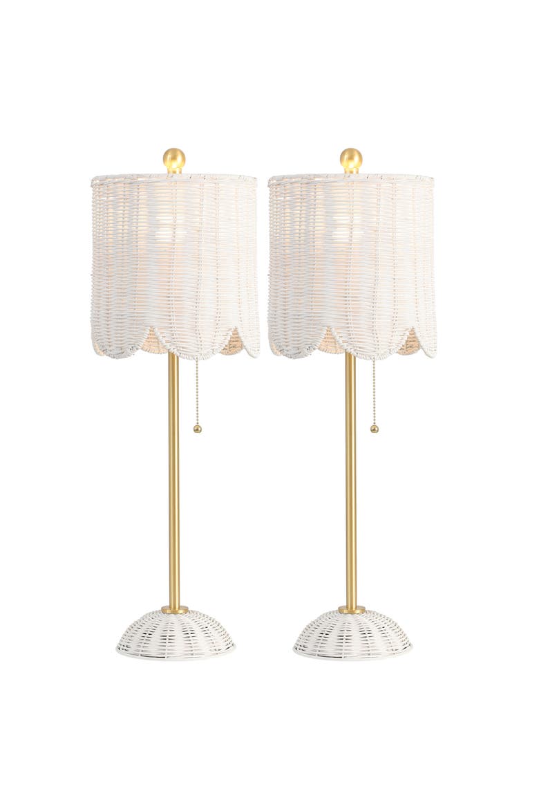 Celerie 27.5" Coastal Bohemian Rattan/Iron Scalloped Buffet LED Table Lamp with Pull Chain, Alternate, color, White/Brass Gold