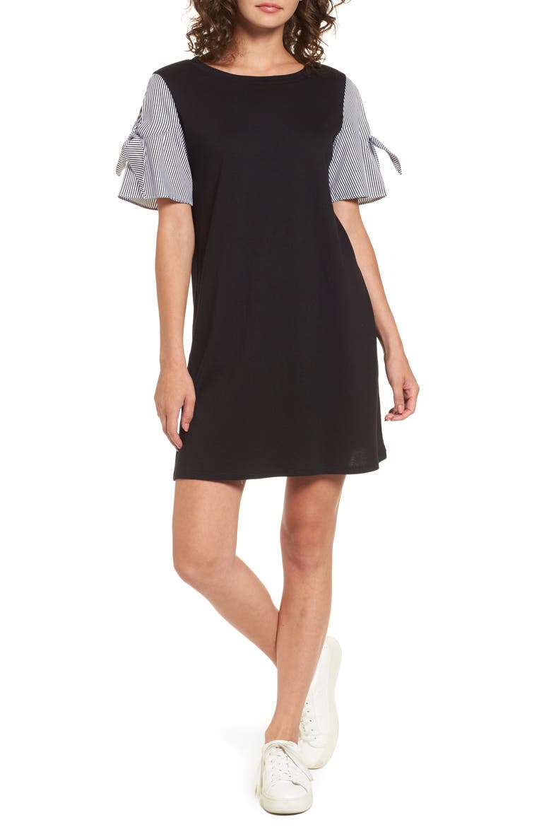 Poplin Sleeve Knit Dress, Main, color, BLACK