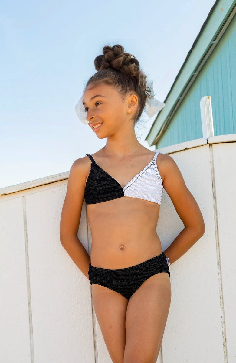 Limeapple Crinkle Triangle Bikini Swimsuit, Main, color, Black And White