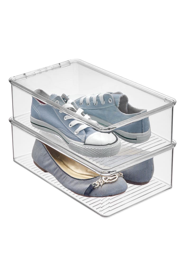 Stackable Plastic Shoe Box with Hinged-Lid for Sneakers, Sandals, and Flats, Set of 2, Clear, Main, color, Clear