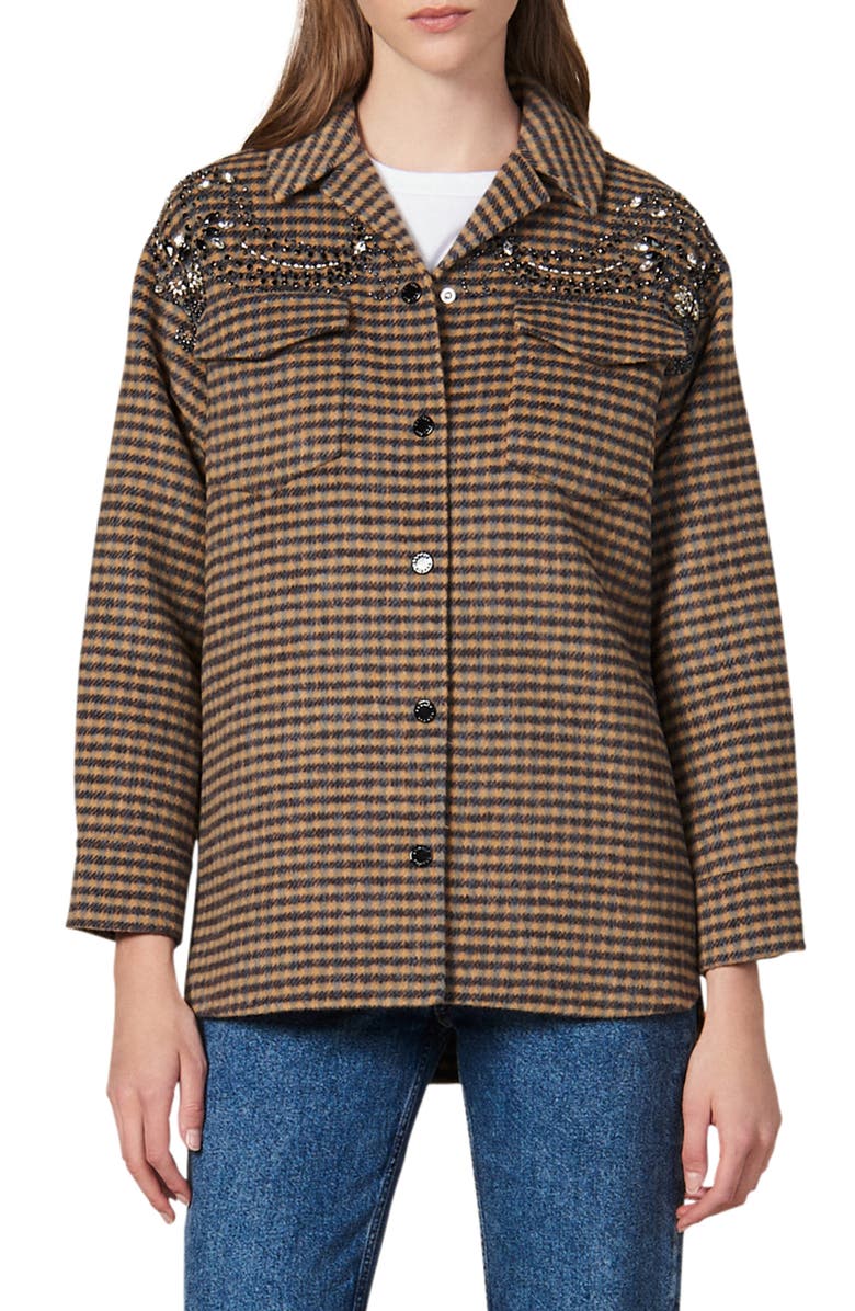 SANDRO Brodan Plaid Beaded Detail Wool Blend Jacket, Main, color, 