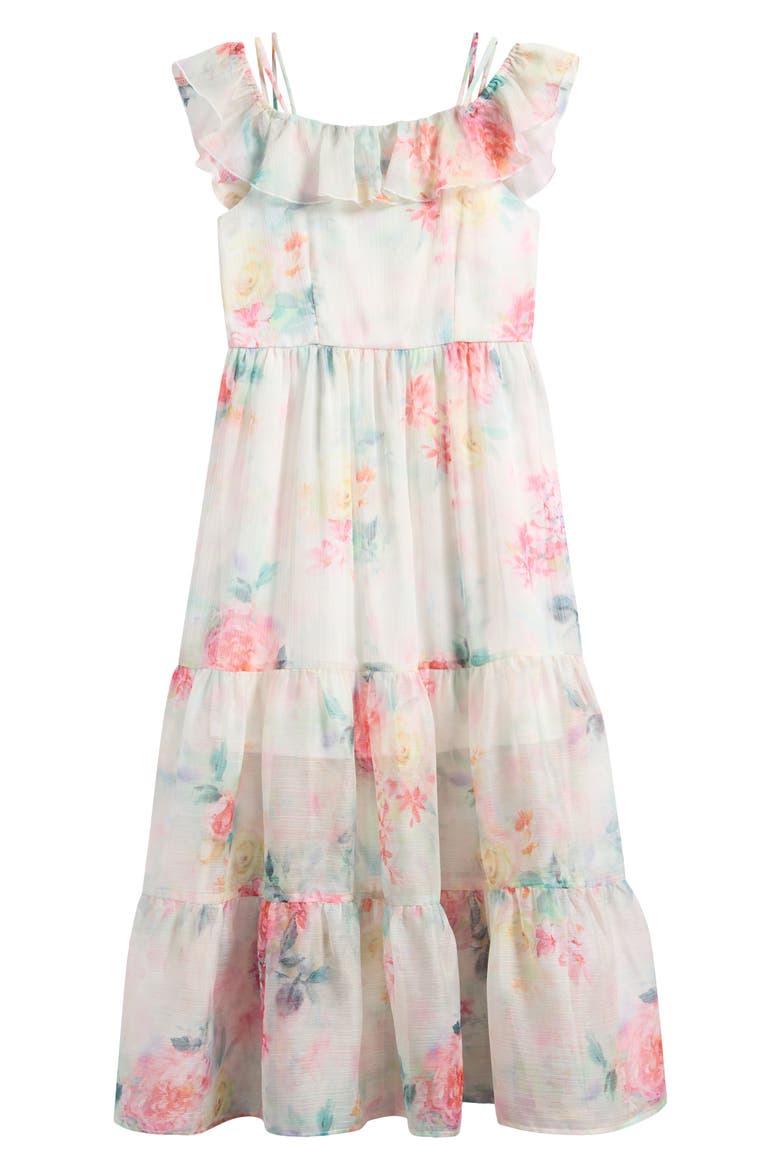 Kids' Print Ruffle Chiffon Maxi Dress, Main, color, IVORY