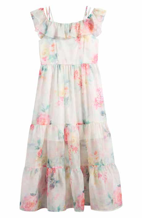 Ava & Yelly Kids' Print Ruffle Chiffon Maxi Dress