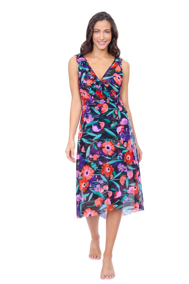 Marguerite V Neck Asymmetrical Ruffle Midi Wrap Mesh Dress, Main, color, BLACK Multi