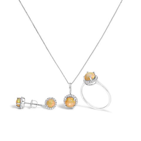 10K Gold Gemstone and 3/8 Cttw Diamond Halo Jewelry Set (Earrings, Pendant & Ring)