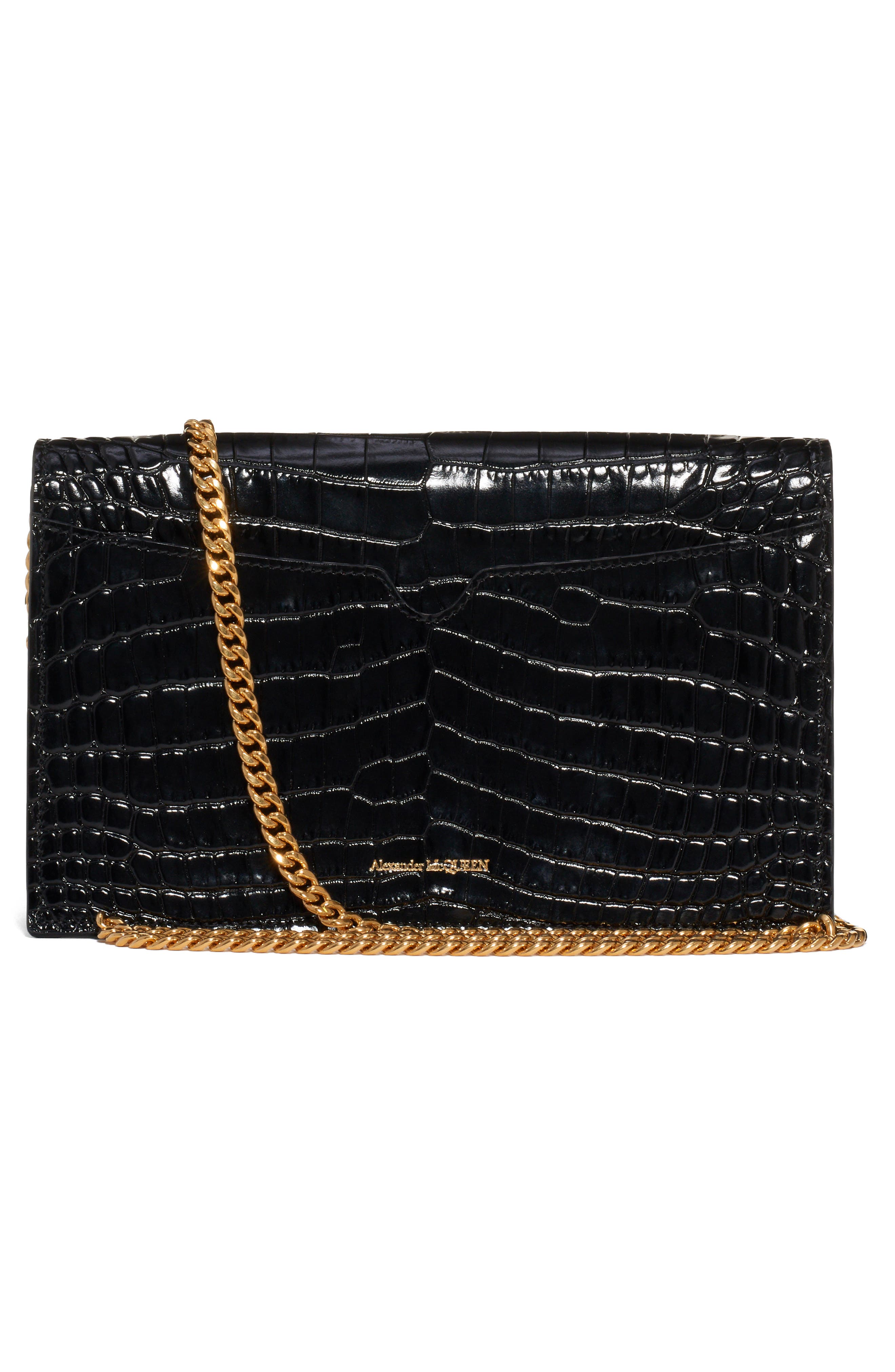 McQueen Alexander McQueen Skull Croc Embossed Leather Shoulder Bag, Alternate, color, 