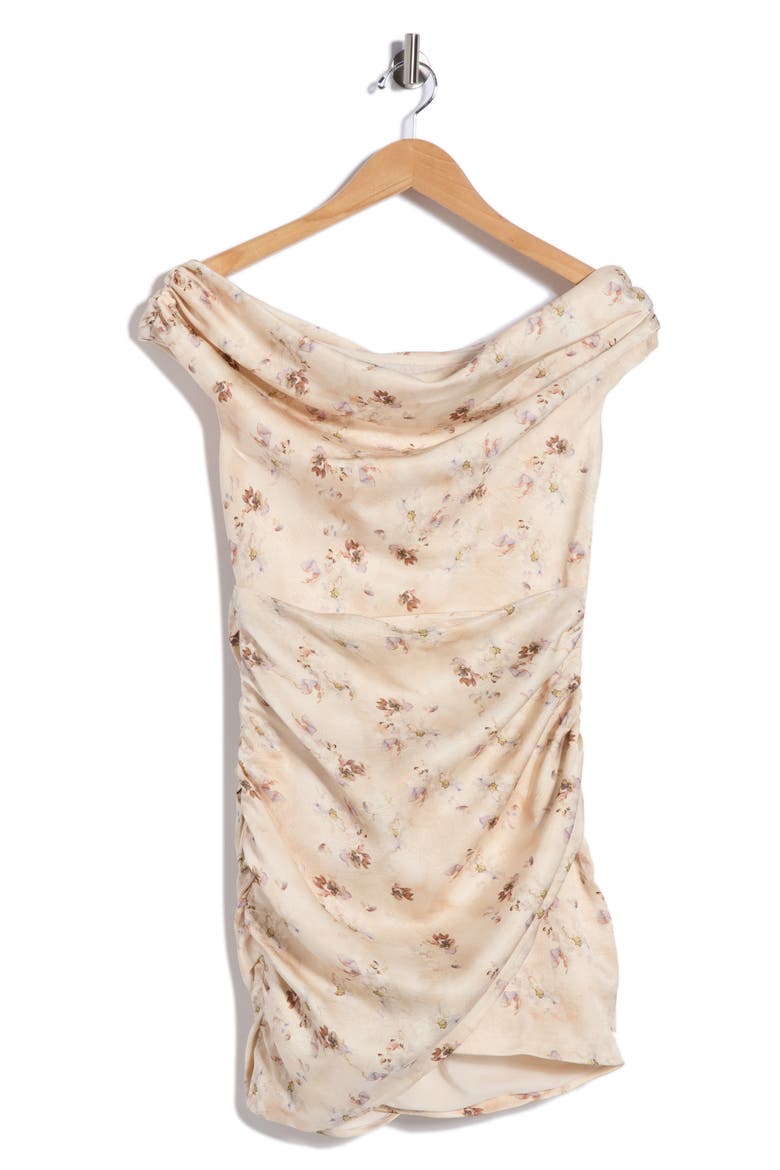 Patrizia Off the Shoulder Draped Satin Minidress, Alternate, color, OFF WHITE FLORAL