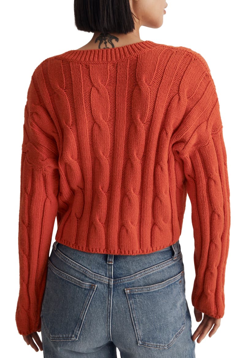 Cable Knit V-Neck Crop Sweater, Alternate, color, ROASTED SQUASH