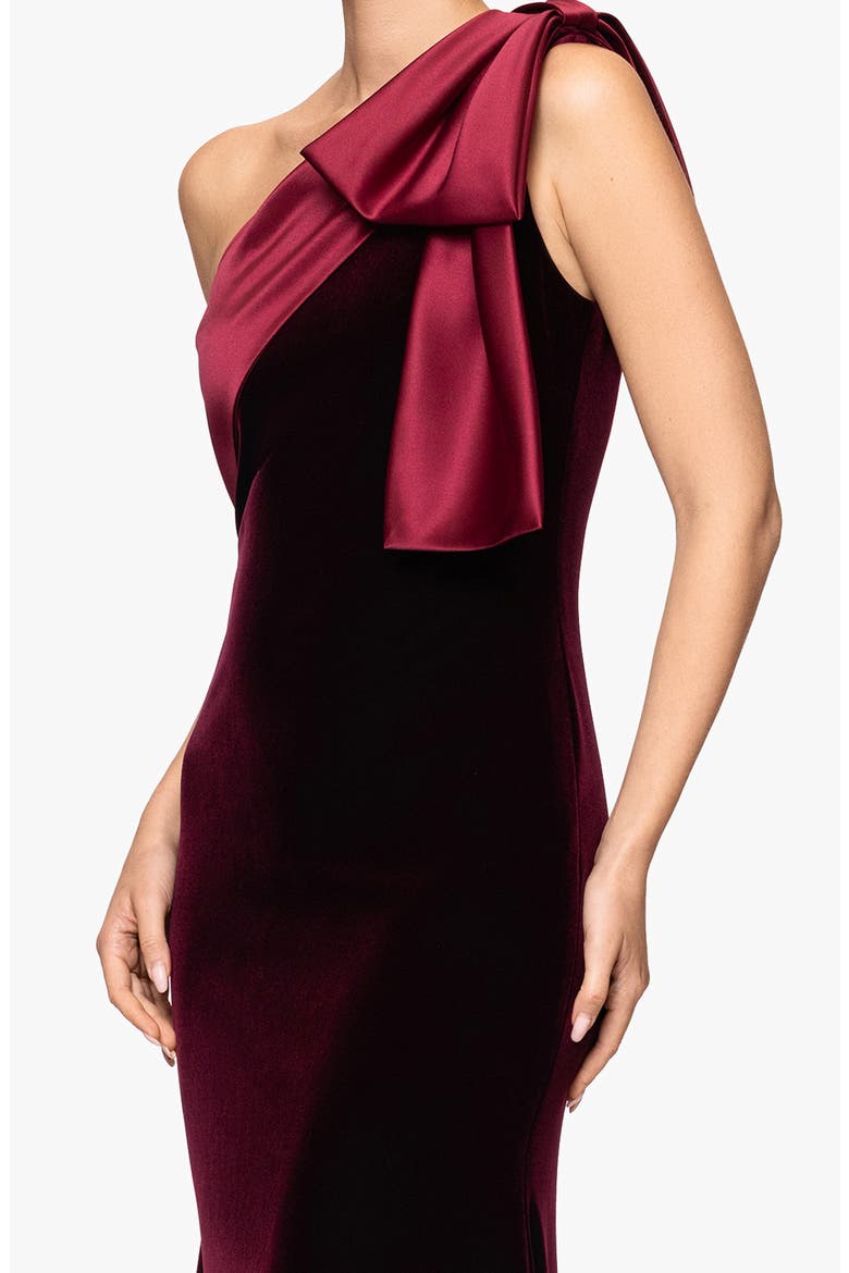 Bow One-Shoulder Mikado Gown, Alternate, color, BURGUNDY