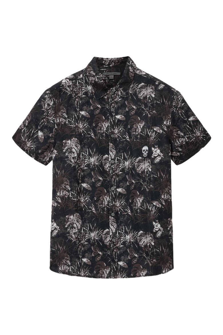 Sean Leaf Print Short Sleeve Linen Button-Up Shirt, Alternate, color, BLACK