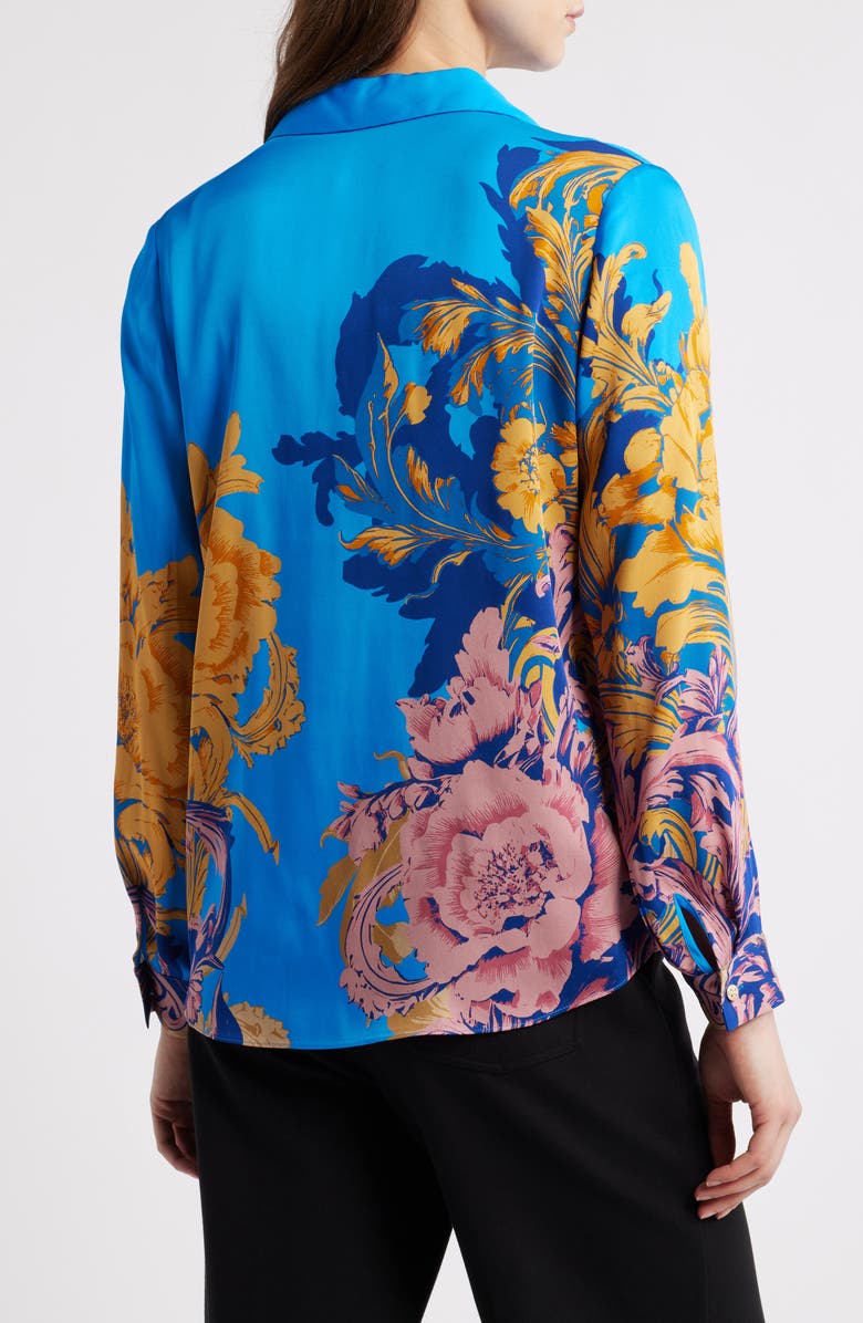 Elie Tahari The Madeline Placed Floral Stretch Silk Button-Up Shirt, Alternate, color, Ribbon Scroll Print