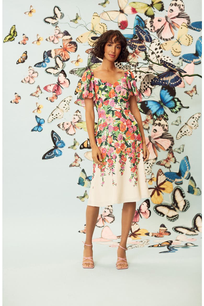 Floral Sweetheart Neck Dress, Alternate, color, IVORY/ MANGO/ PINK