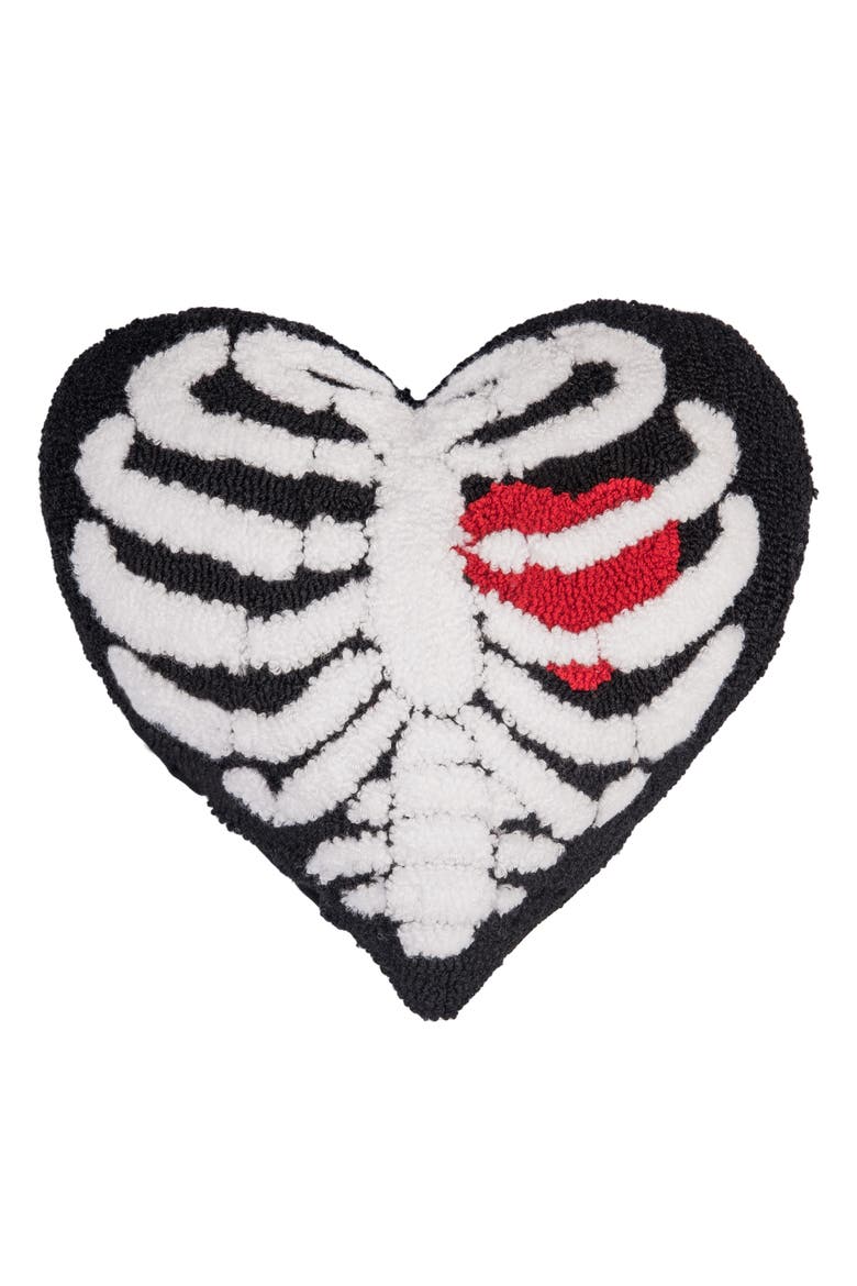Halloween Skeleton Ribs Heart Shape Hooked Accent Throw Pillow 16" x 16", Main, color, Black