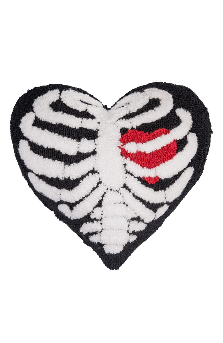 C&F Home Halloween Skeleton Ribs Heart Shape Hooked Accent Throw Pillow 16" x 16", Main, color, Black