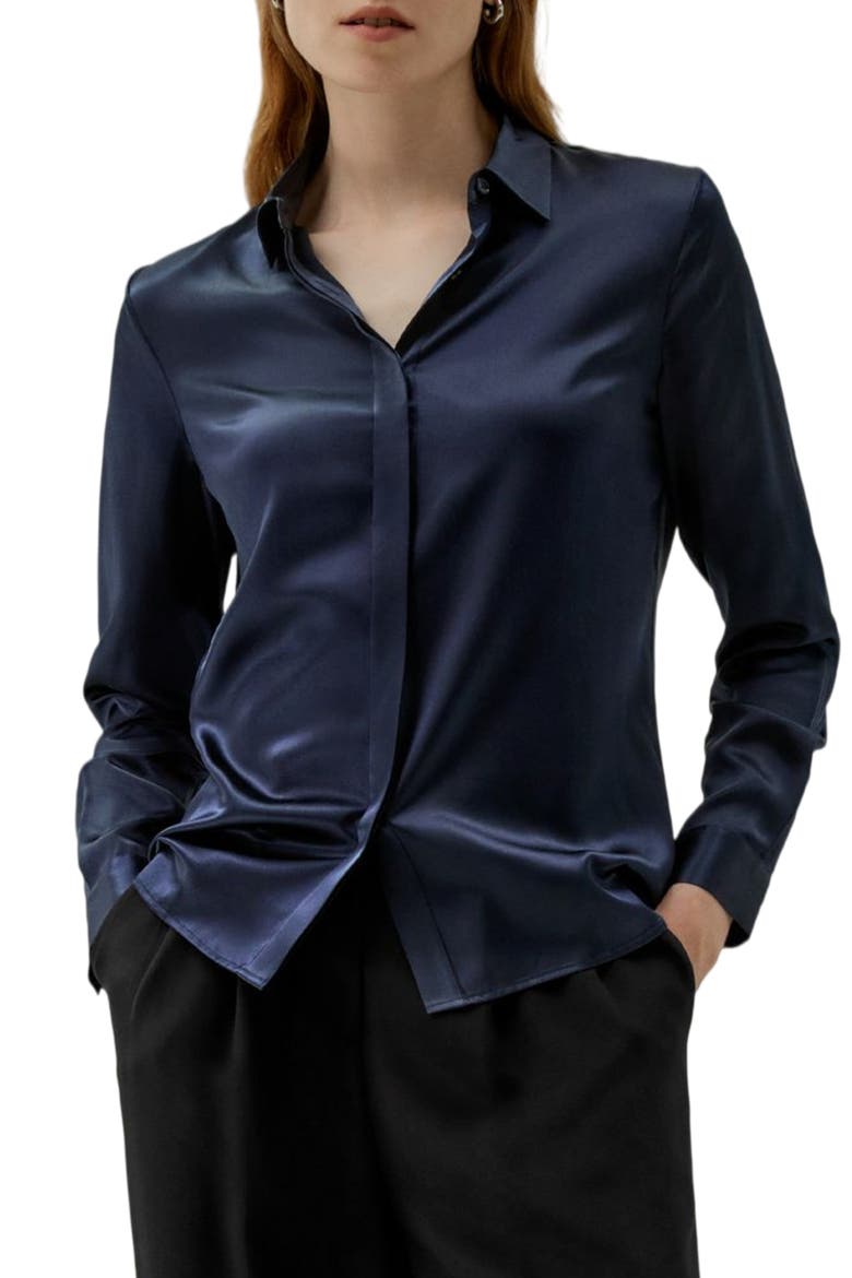 Women's Basic Concealed Placket Silk Shirt, Main, color, Navy blue