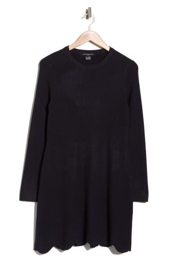 French Connection Long Sleeve Scallop Hem Knit Dress In Black