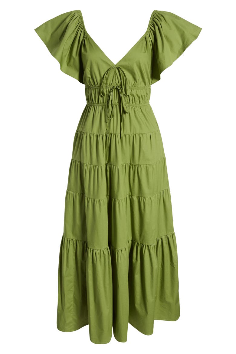 Flutter Sleeve Tiered Stretch Cotton Maxi Dress, Alternate, color, OLIVE