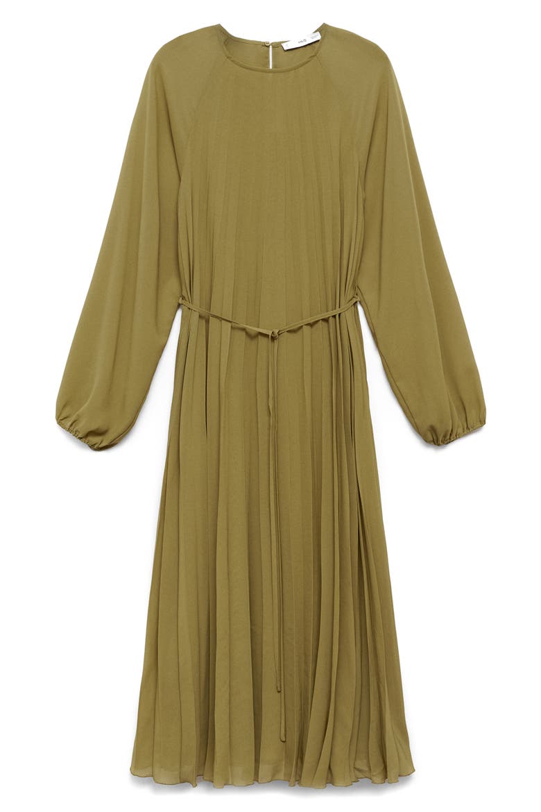 Pleated Long Sleeve Belted Dress, Alternate, color, OLIVE GREEN