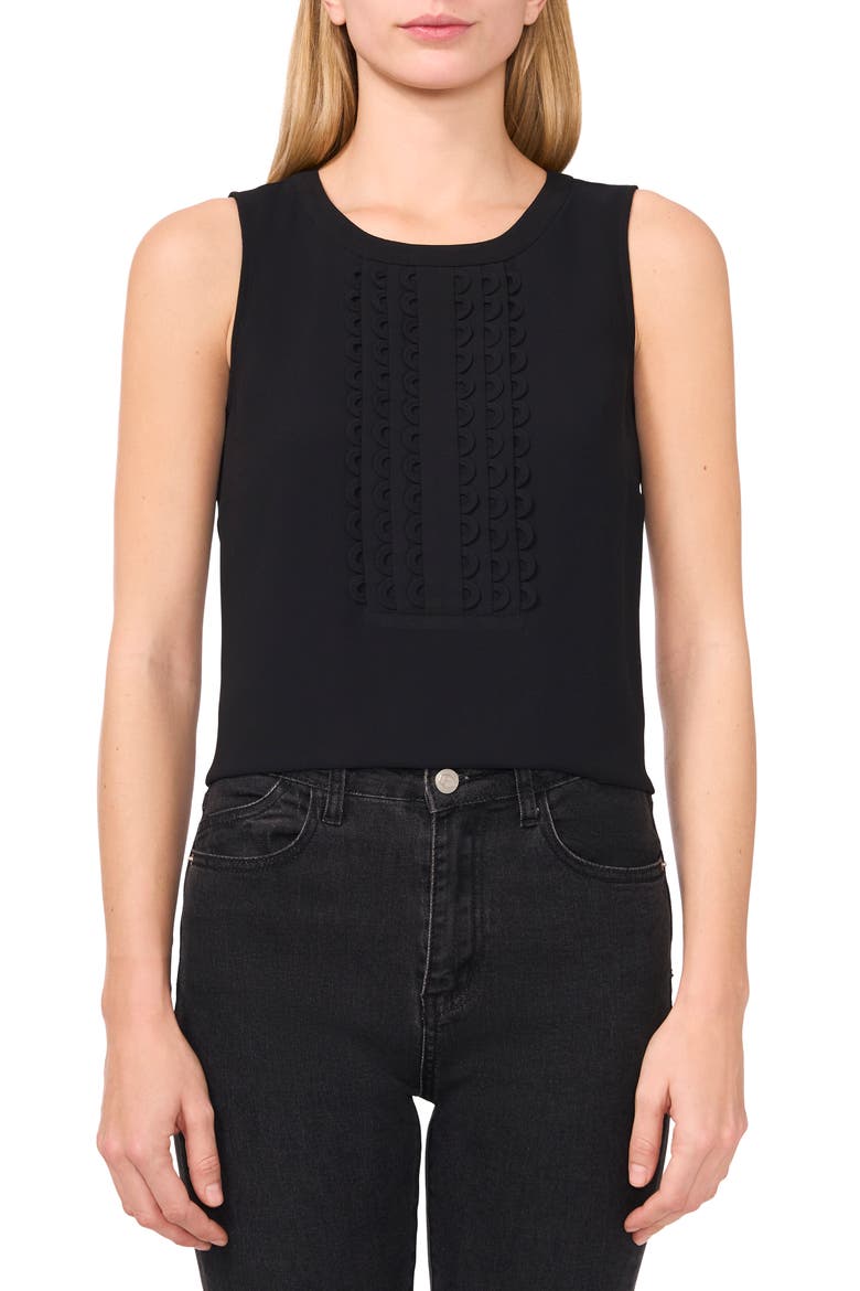 Scalloped Pintuck Pleat Sleeveless Crepe Top, Main, color, RICH BLACK