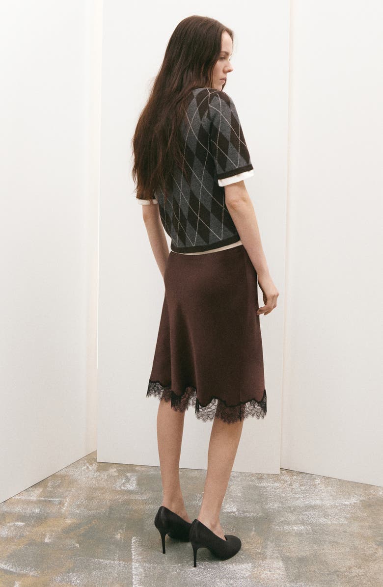 MANGO Lace Trim Satin Midi Skirt, Alternate, color, Brown