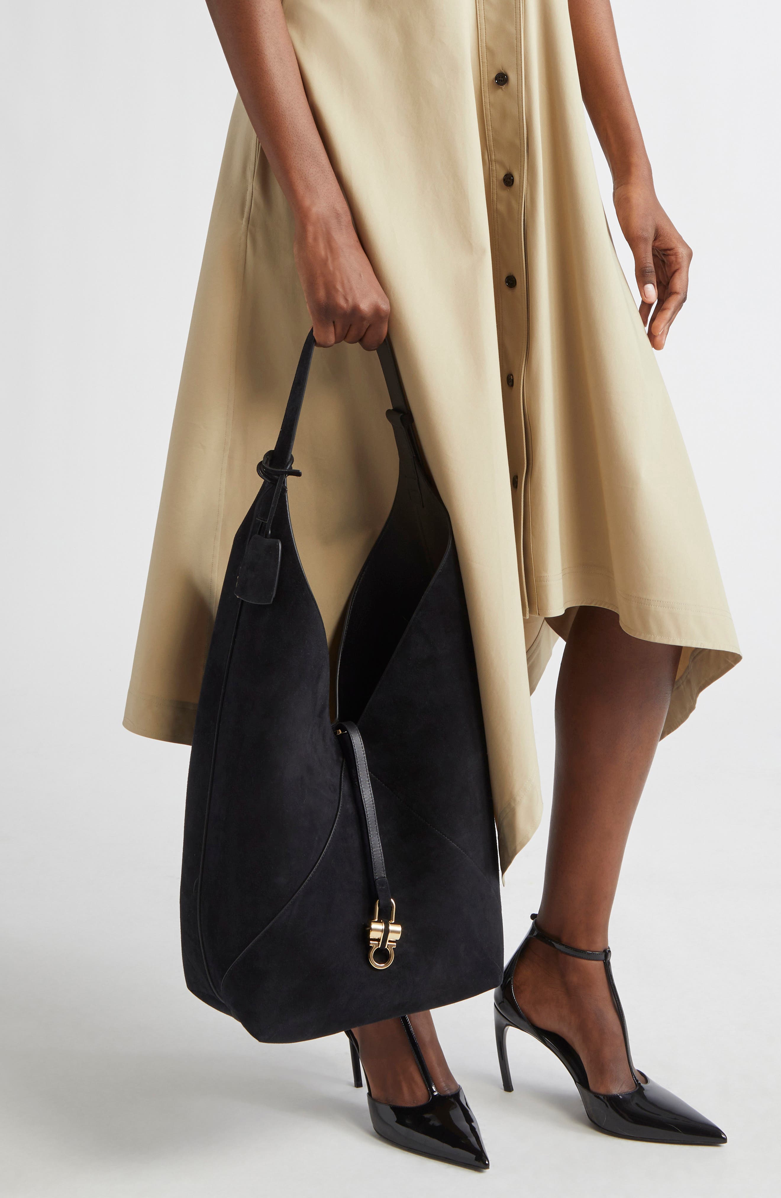 FERRAGAMO Origami Suede Hobo Bag, Alternate, color, Nero