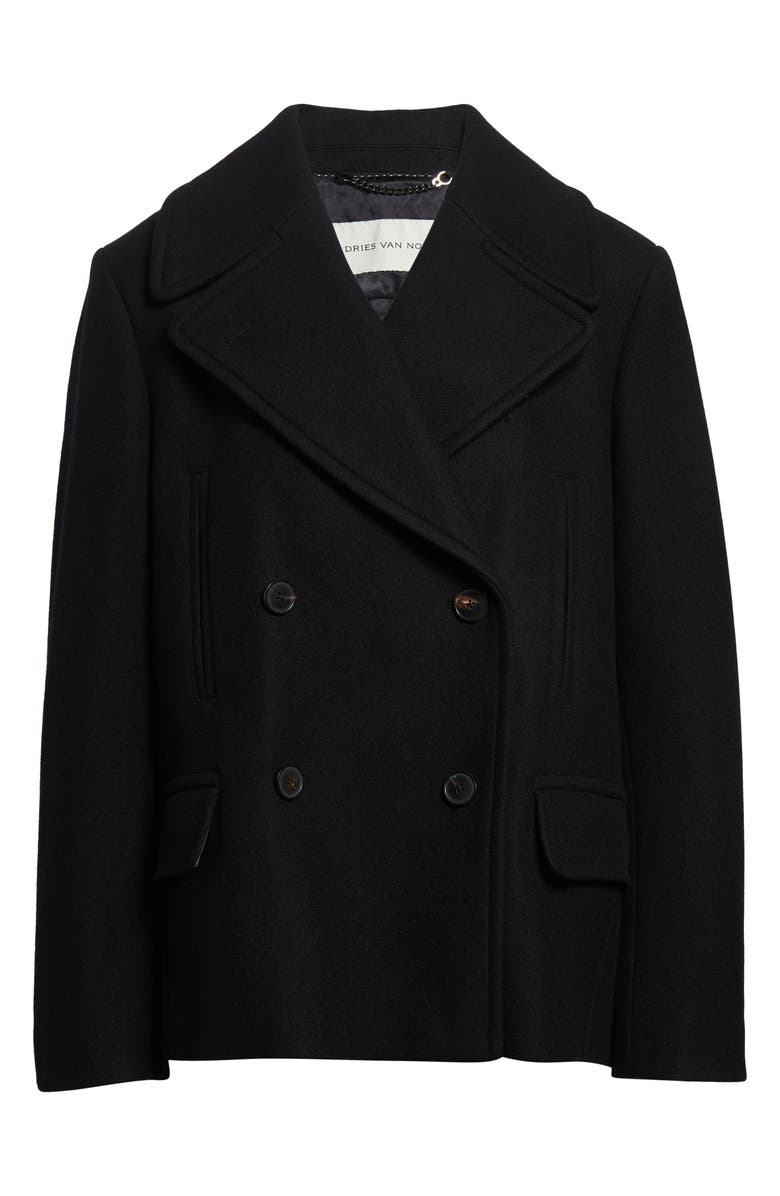 Dries Van Noten Vafel Wool Blend Twill Peacoat, Alternate, color, Black