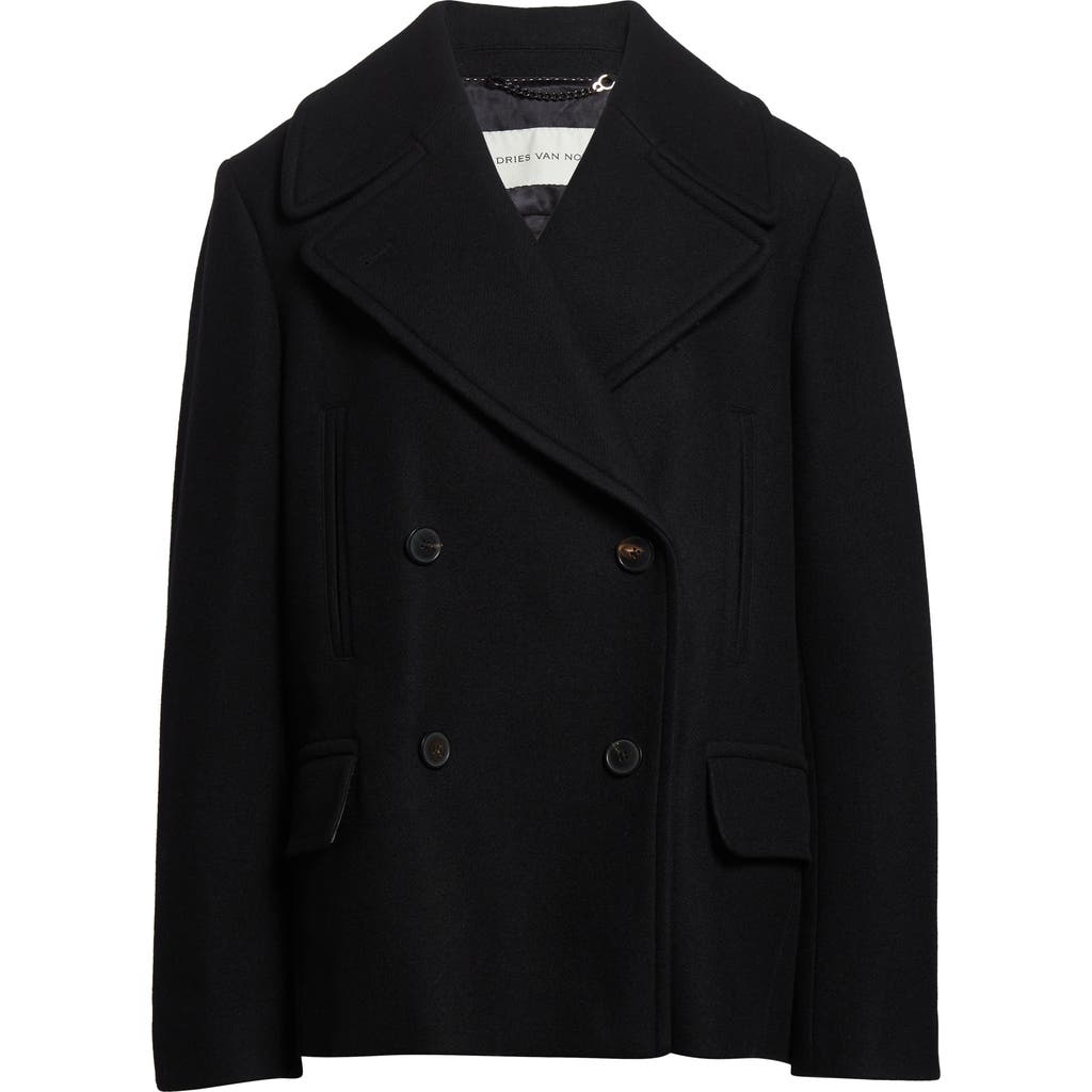 Dries Van Noten Vafel Wool Blend Twill Peacoat In Black