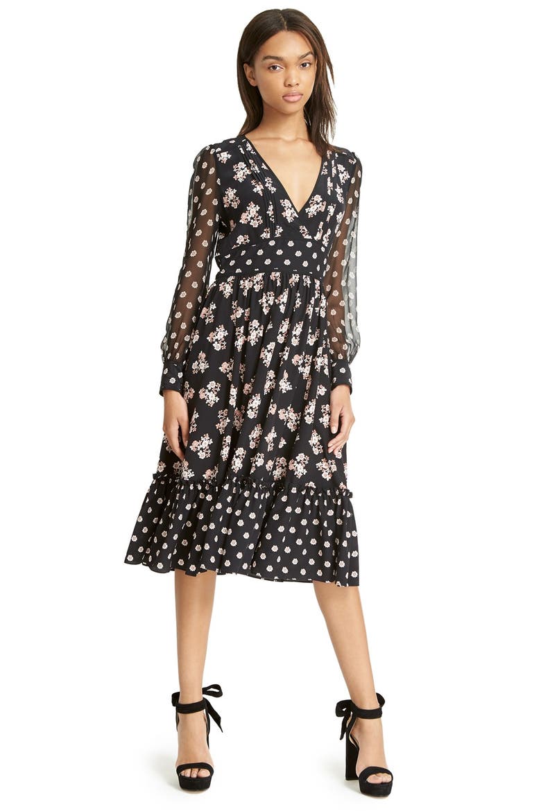 ditsy print silk midi dress, Alternate, color, BLACK