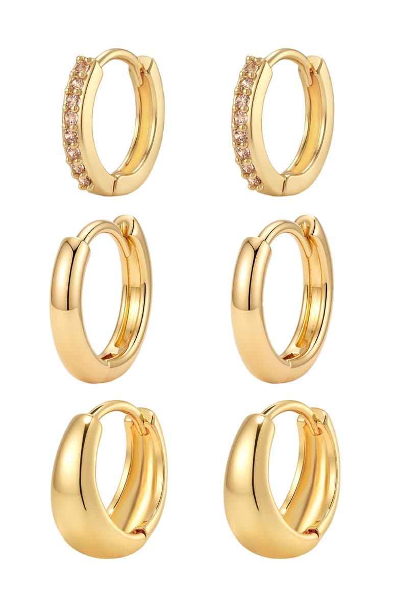 14k Gold Plate and Cubic Zirconia 3-Pack Huggie Hoop Earrings, Alternate, color, GOLD