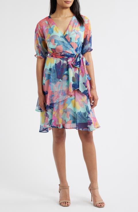 Floral Shadow Stripe Short Sleeve Faux Wrap Dress