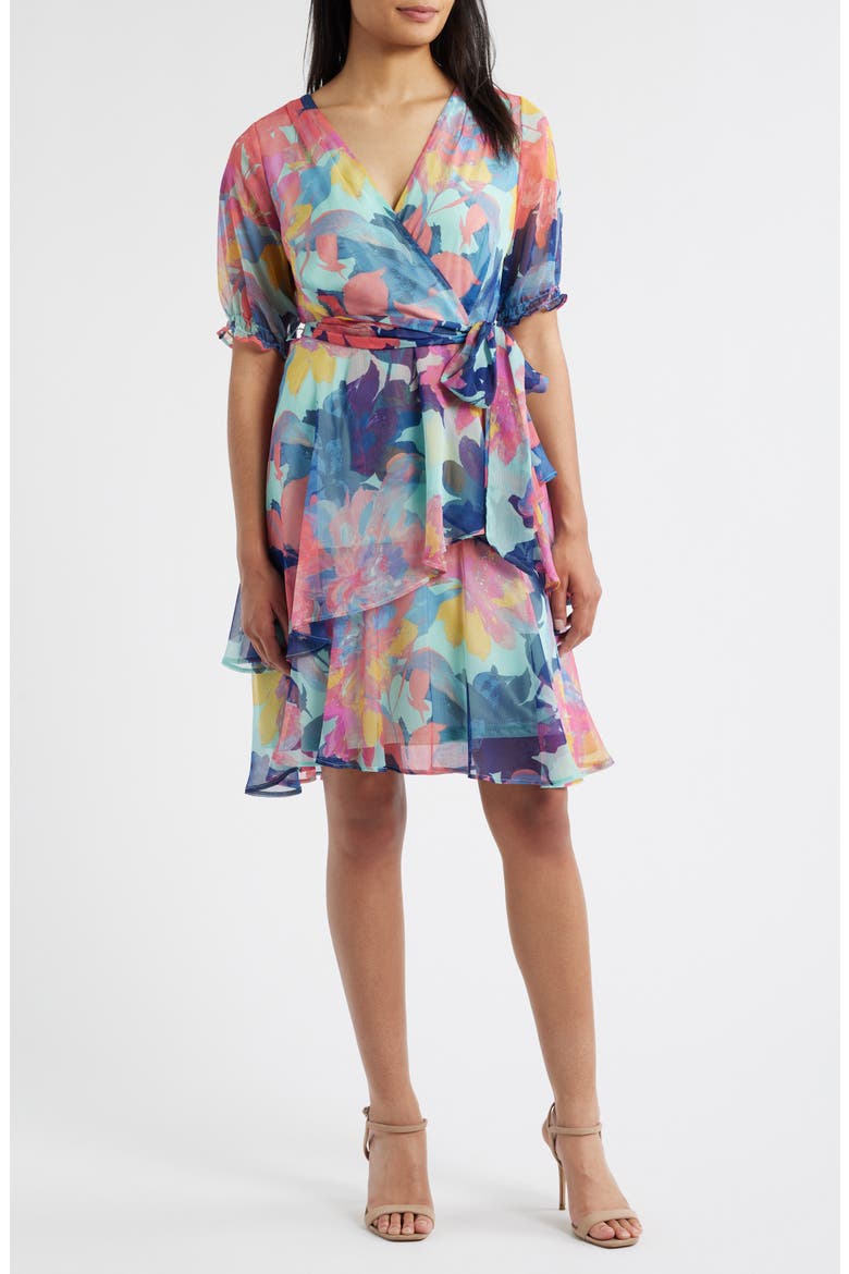 short floral wrap dress Teal Floral Satin Wrap Short Dress