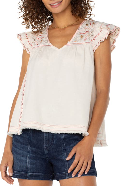 Liverpool Los Angeles Flutter Sleeve Top In Bone W/multi Embroidered
