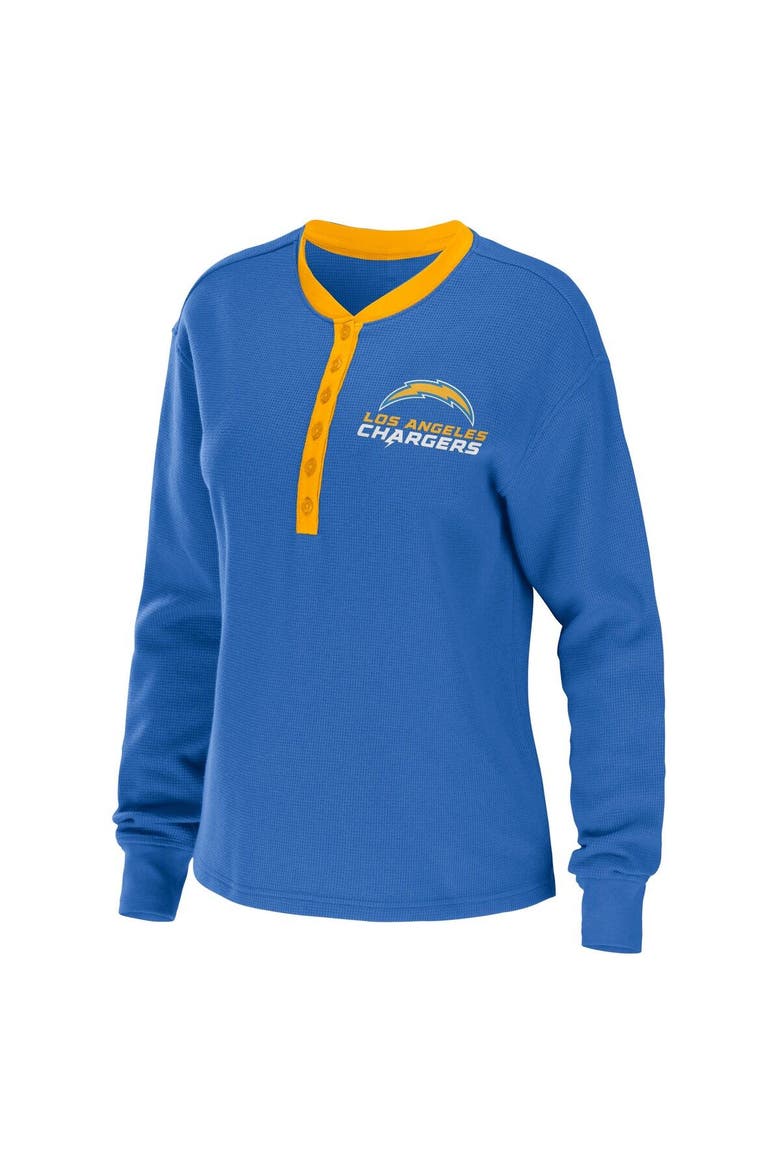 Women's WEAR by Erin Andrews Powder Blue Los Angeles Chargers Waffle Henley Long Sleeve T-Shirt, Alternate, color, Powder Blue