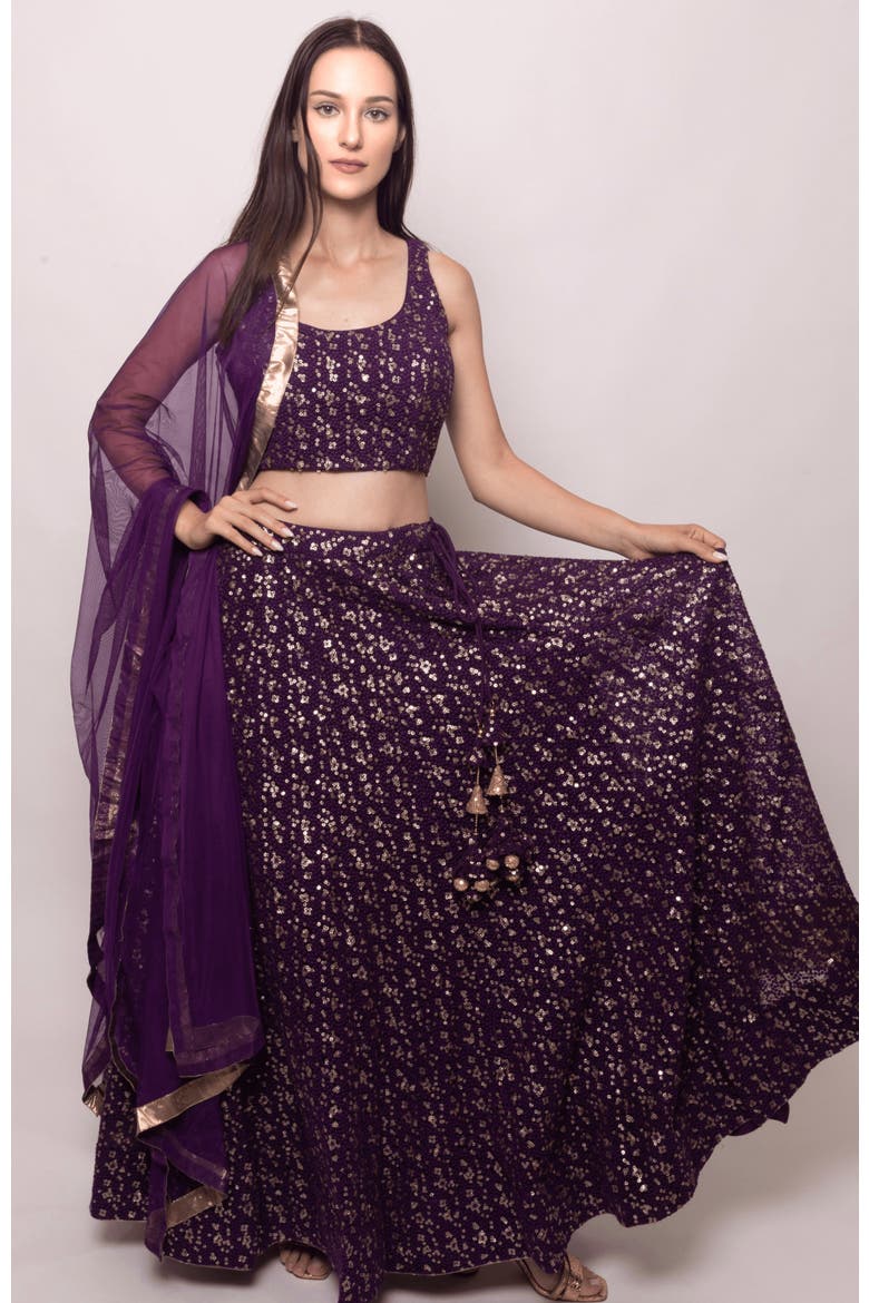 Jaden Sequins Embroidered Lehenga Choli, Main, color, Wine