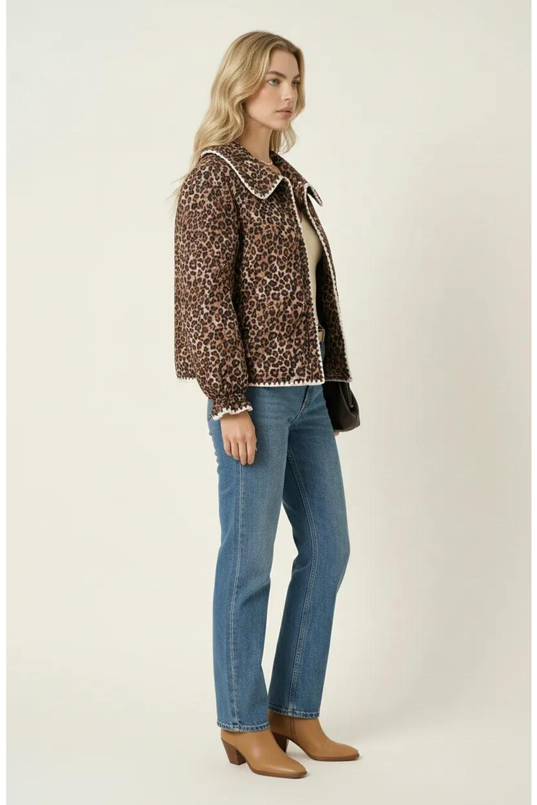 Leopard Print Button-Front Contrast Trim and Collar Jacket, Alternate, color, Leopard Print