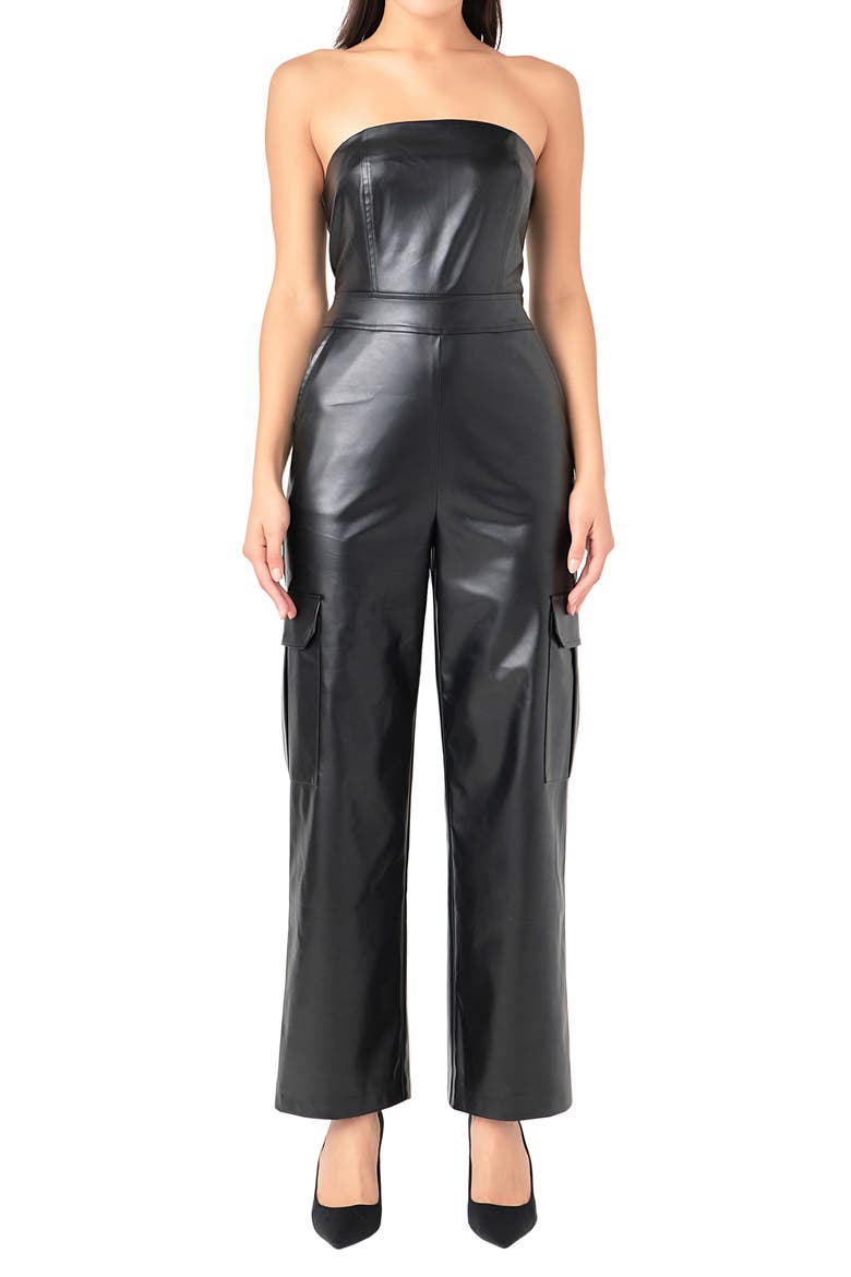 Faux Leather Strapless Cargo Jumpsuit, Alternate, color, BLACK