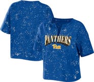 WEAR by Erin Andrews Women's WEAR by Erin Andrews Royal Pitt Panthers Bleach Wash Splatter Cropped Notch Neck T-Shirt