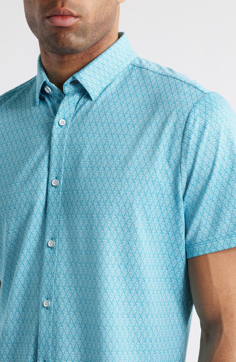 Mizzen+Main Halyard Trim Fit Geo Print Short Sleeve Button-Up Shirt, Alternate, color, Teal Diamond Mirage