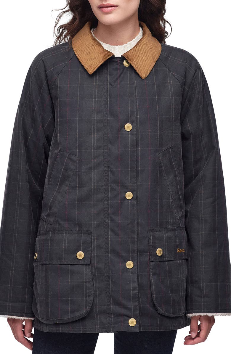 Barbour Swainby Windowpane Plaid Waxed Cotton Barn Jacket, Main, color, 