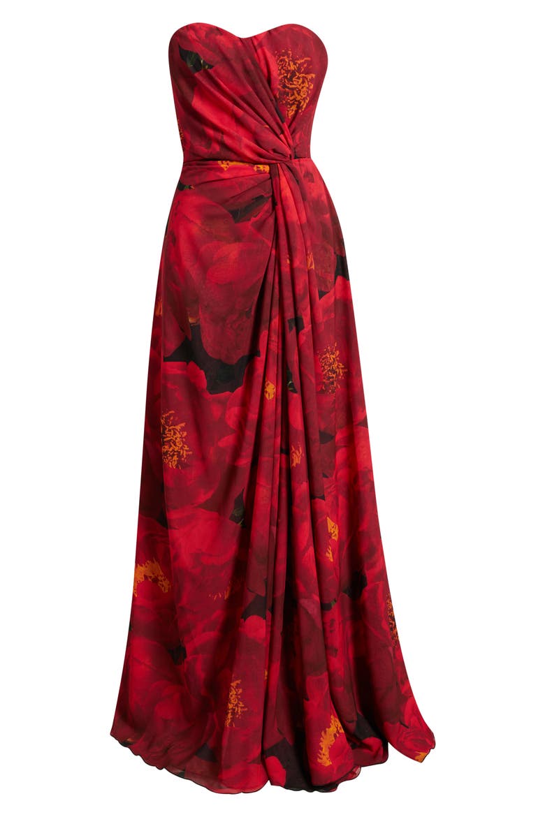 Floral Strapless Georgette Gown, Alternate, color, RED