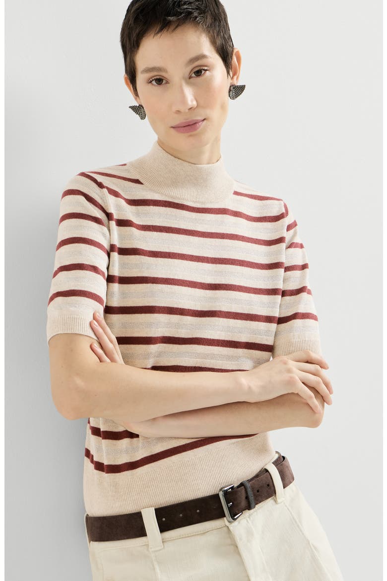 Virgin wool, cashmere and silk knit t-shirt with sparkling stripes, Alternate, color, Multicoloured