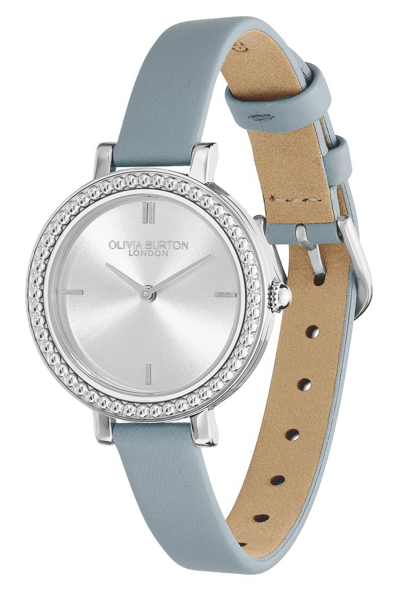 Art Deco Bead Leather Strap Watch, 30.5mm, Main, color, SILVER