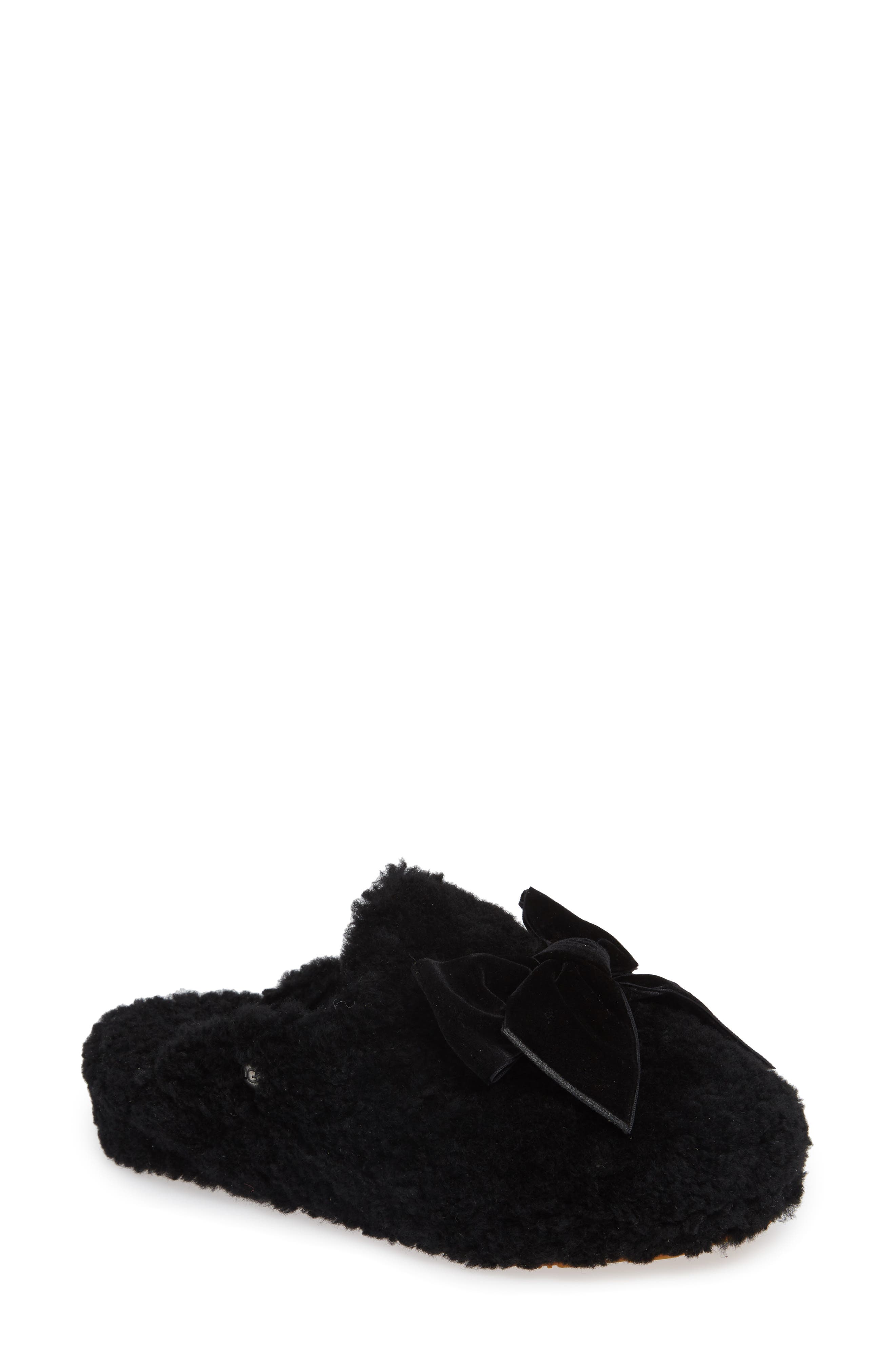 Addison Velvet Bow Genuine Shearling Slipper, Main, color, BLACK